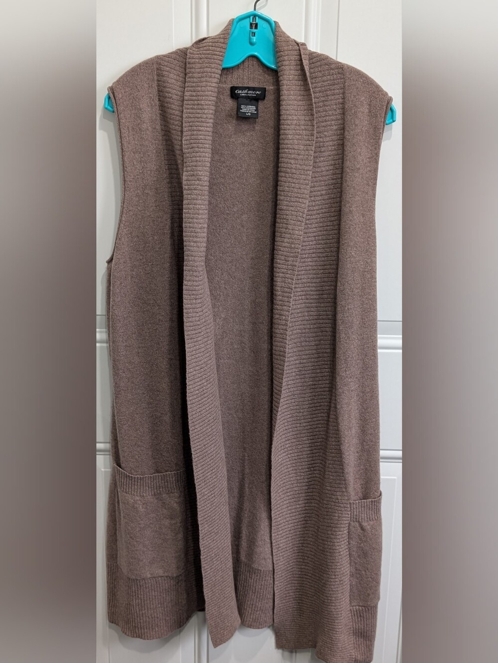 Lord & Taylor 100% Cashmere Taupe Sleeveless Open-Front Knit Vest